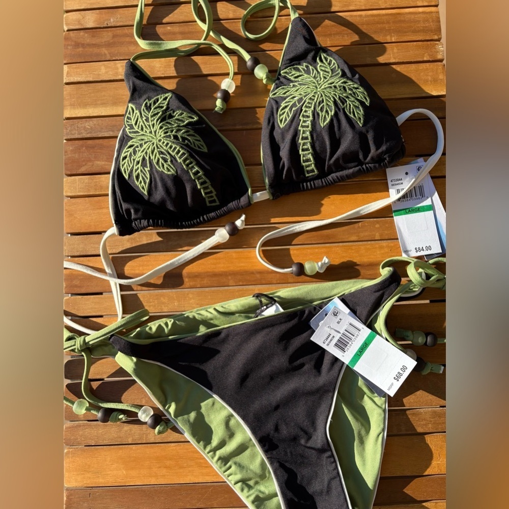 LARGE NWT ISABELLA ROSE Tropical Palm Green & Black Embroidered Reversible Swim - Picture 8 of 10